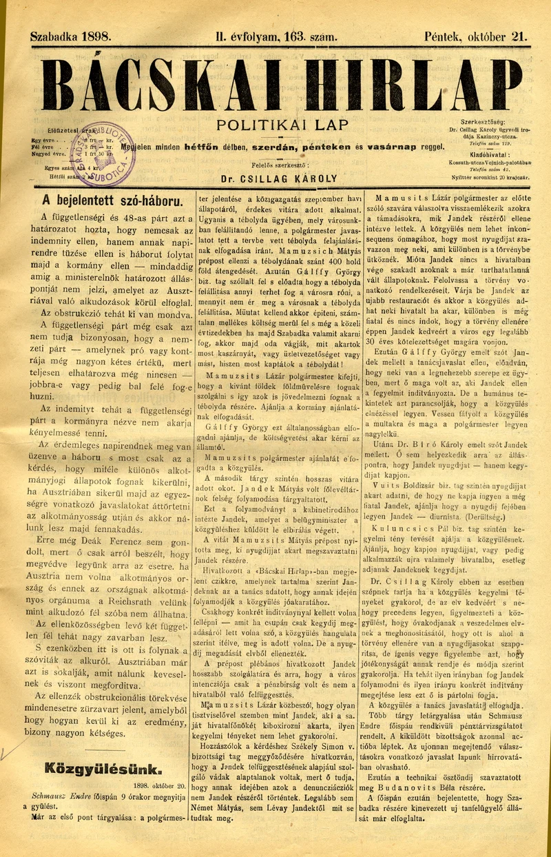 Bácskai Hirlap, 2. évf. 1898. október 21. 163. sz. 1–4. oldal