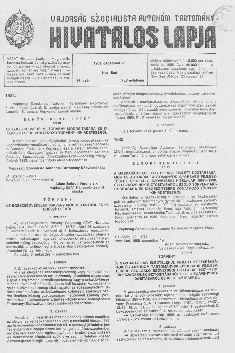 Vajdaság Szocialista Autonóm Tartomány Hivatalos Lapja, 45. évf. 1989. december 28. 36. sz.
