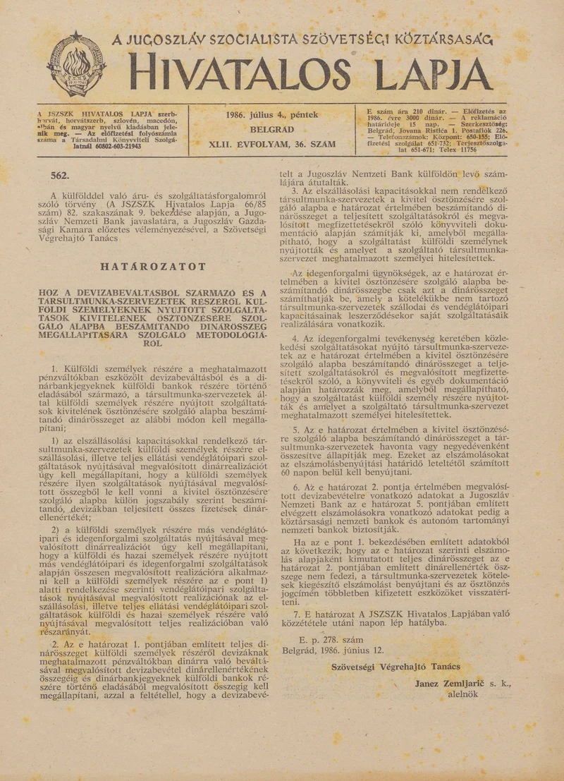 A Jugoszláv Szocialista Szövetségi Köztársaság Hivatalos Lapja, 42. évf. 1986. július 4. 36. sz. 1093–1116. oldal