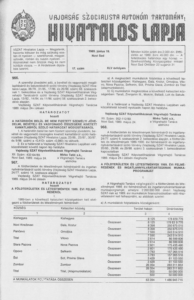 Vajdaság Szocialista Autonóm Tartomány Hivatalos Lapja, 45. évf. 1989. június 19. 17. sz.
