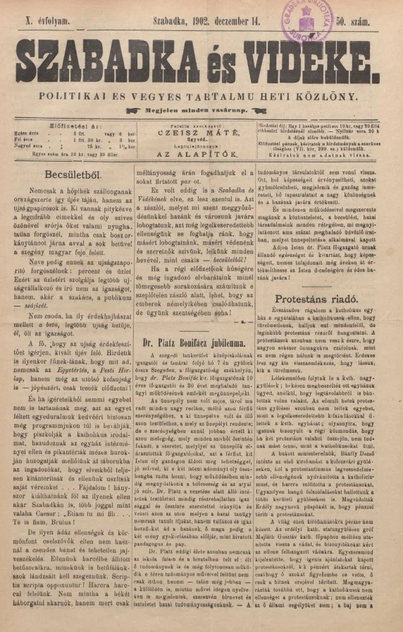 Szabadka és vidéke II, 10. évf. 1902. december 14. 50. sz.
