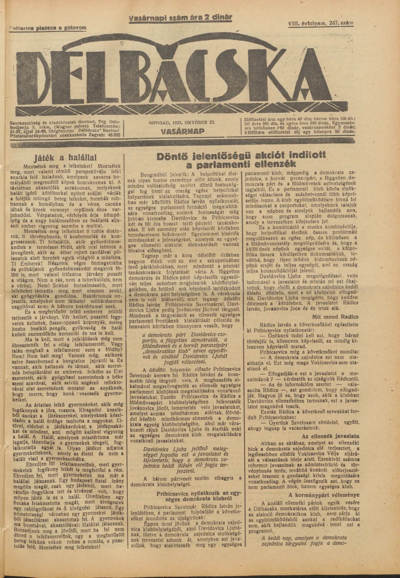 Délbácska, 8. évf. 1927. október 23. 247. sz.