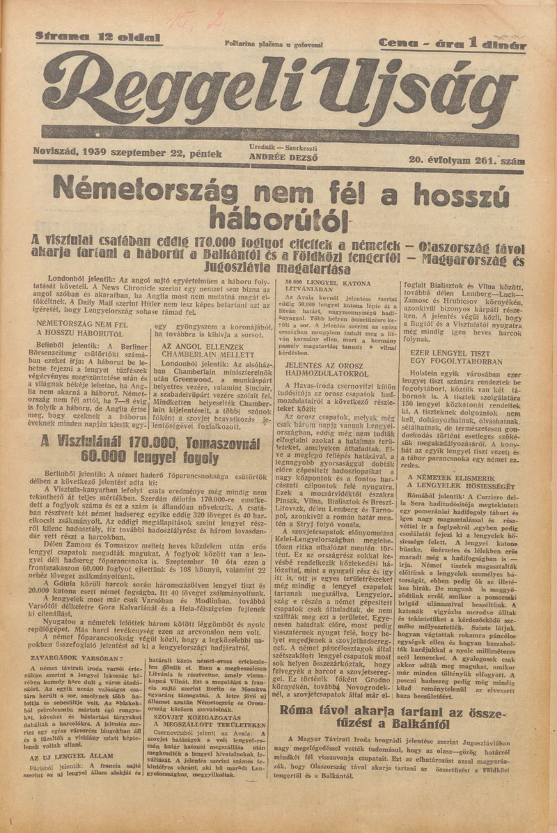 Reggeli Újság, 20. évf. 1939. szeptember 22. 261. sz.