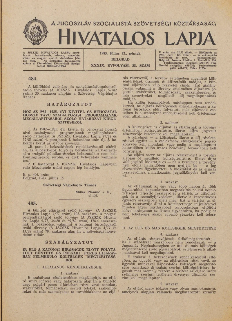 A Jugoszláv Szocialista Szövetségi Köztársaság Hivatalos Lapja, 39. évf. 1983. július 22. 38. sz. 1061–1088. oldal