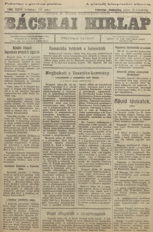 Bácskai Hirlap, 24. évf. 1920. július 22. 116. sz.