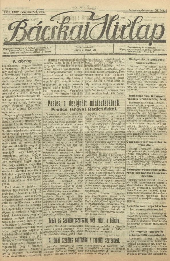 Bácskai Hirlap, 24. évf. 1920. december 21. 225. sz.