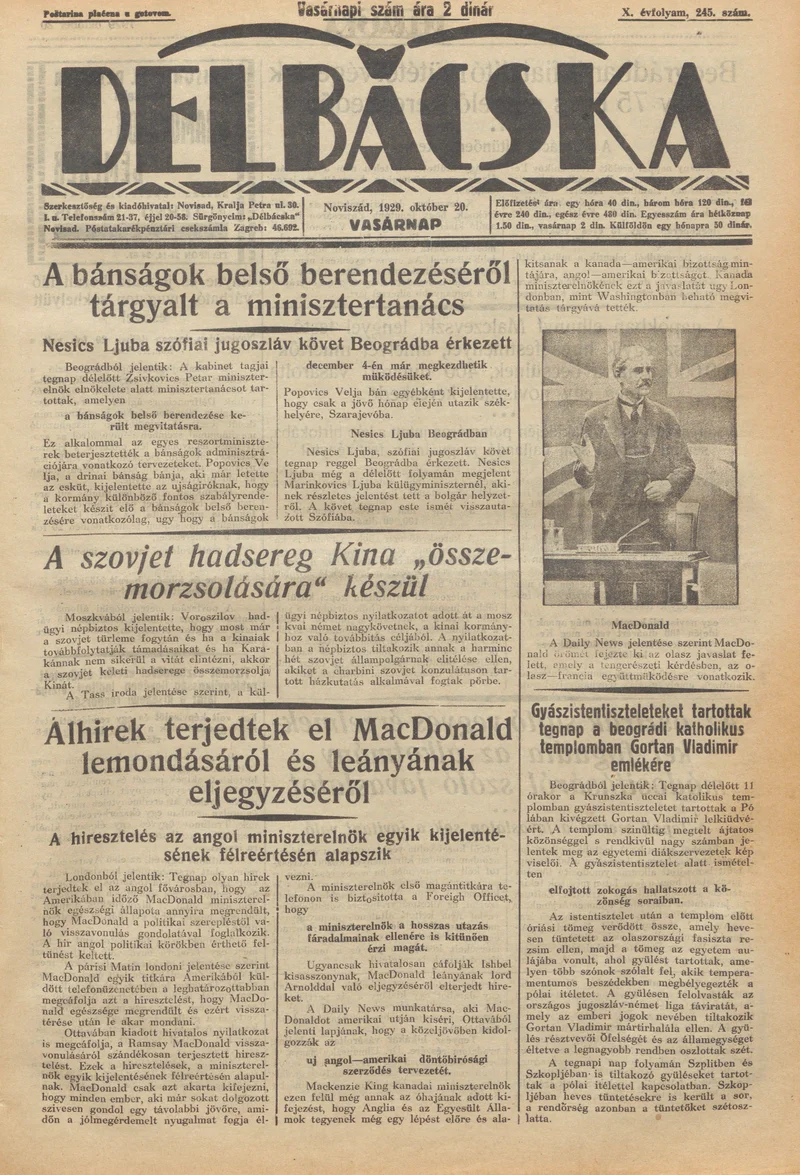Délbácska, 10. évf. 1929. október 20. 245. sz.