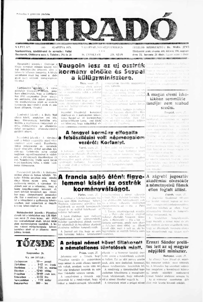 Híradó, 59. évf. 1930. szeptember 28. 225. sz.