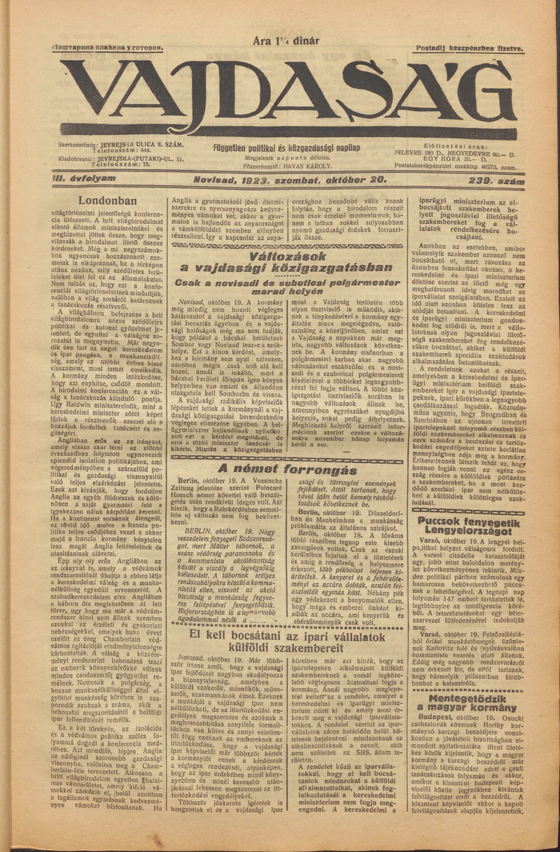 Vajdaság, 3. évf. 1923. október 20. 239. sz.