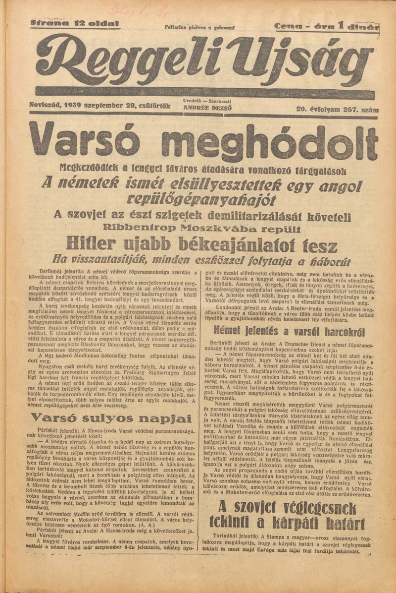 Reggeli Újság, 20. évf. 1939. szeptember 28. 267. sz.