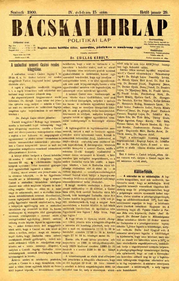 Bácskai Hirlap, 4. évf. 1900. január 29. 15. sz.