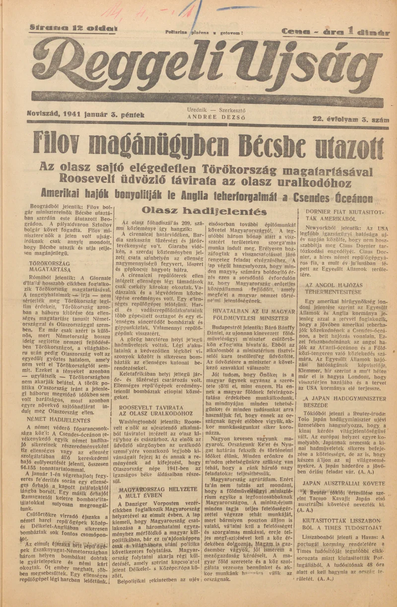 Reggeli Újság, 22. évf. 1941. január 3. 3. sz.