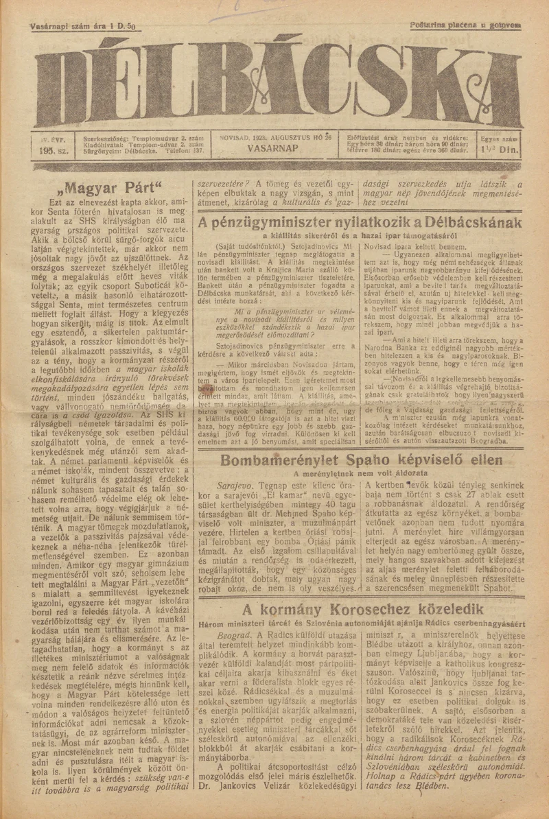 Délbácska, 4. évf. 1923. augusztus 26. 195. sz.