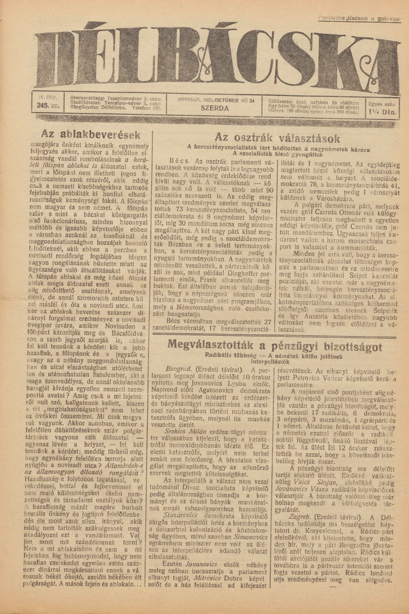 Délbácska, 4. évf. 1923. október 24. 245. sz.