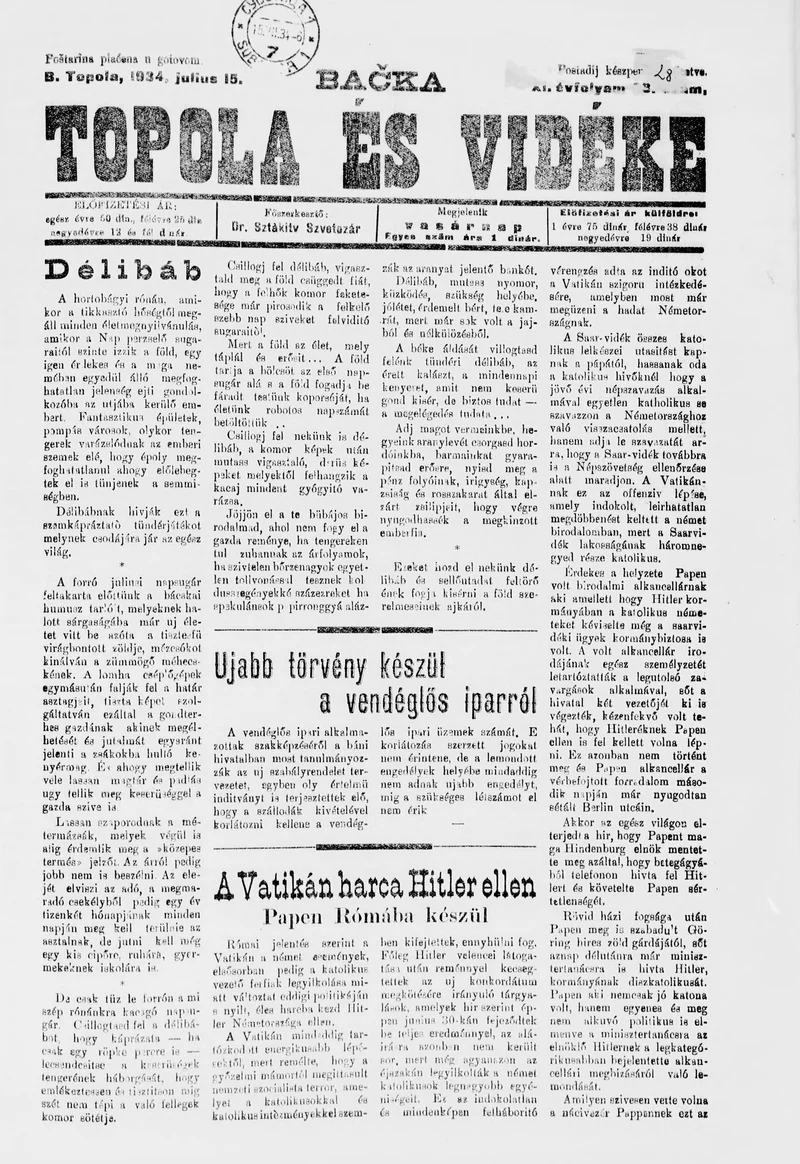 Bačka Topola és Vidéke, 11. évf. 1934. július 15. 28. sz.