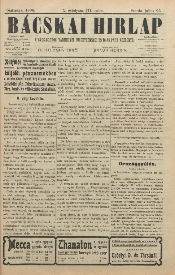 Bácskai Hirlap, 10. évf. 1906. július 25. 171. sz.