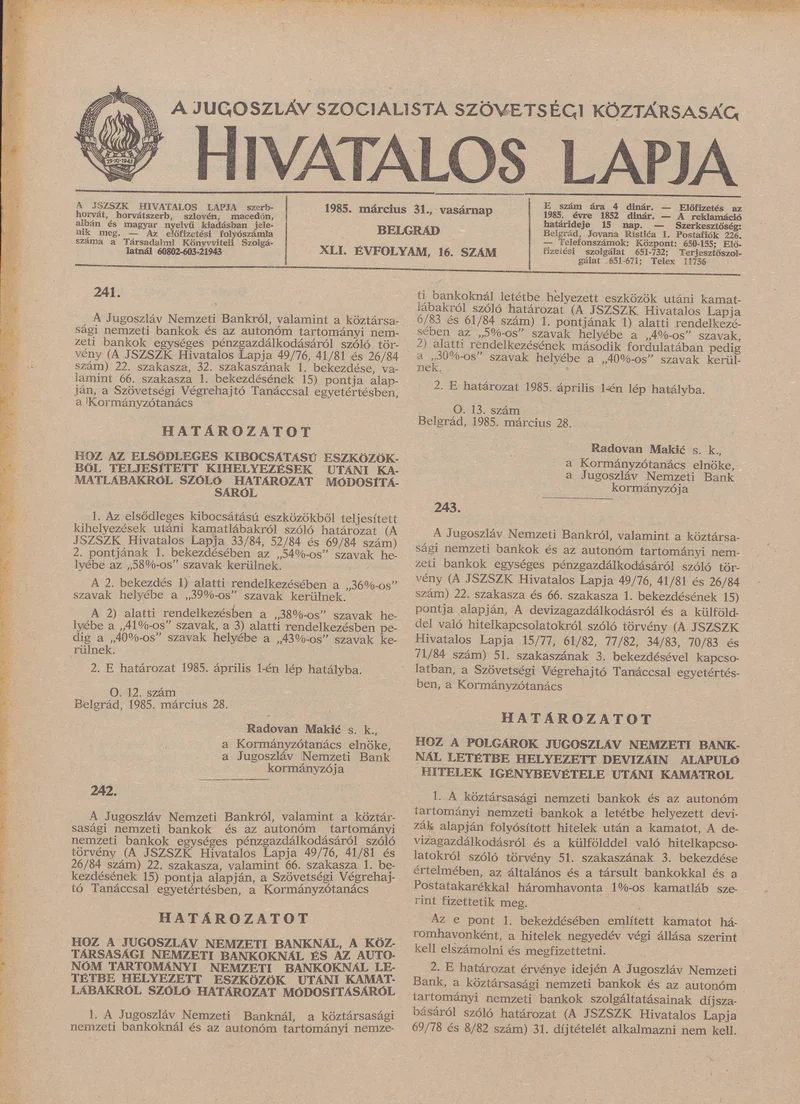 A Jugoszláv Szocialista Szövetségi Köztársaság Hivatalos Lapja, 41. évf. 1985. március 31. 16. sz. 657–660. oldal