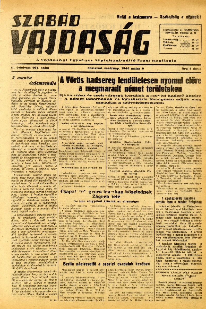 Szabad Vajdaság, 2. évf. 1945. május 6. 101. sz.