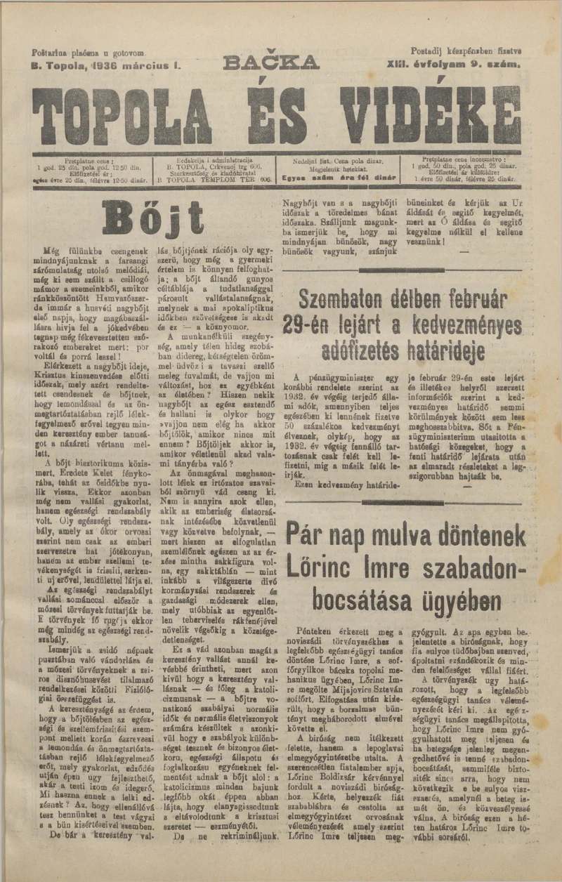 Bačka Topola és Vidéke, 13. évf. 1936. március 1. 9. sz.