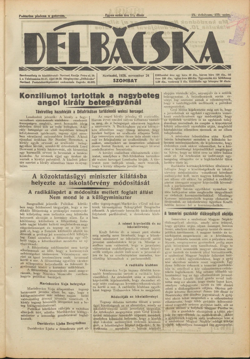 Délbácska, 9. évf. 1928. november 24. 275. sz.