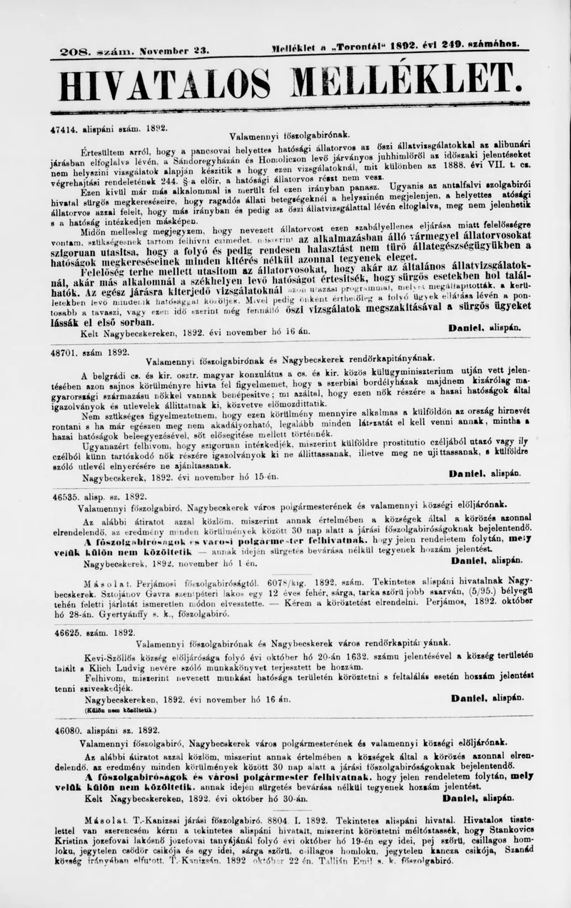 A Totontál  hivatalos melléklete, 5. évf. 1892. november 23. 208. sz.