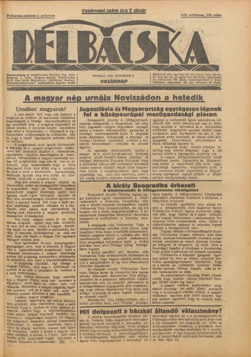 Délbácska, 8. évf. 1927. november 6. 258. sz.
