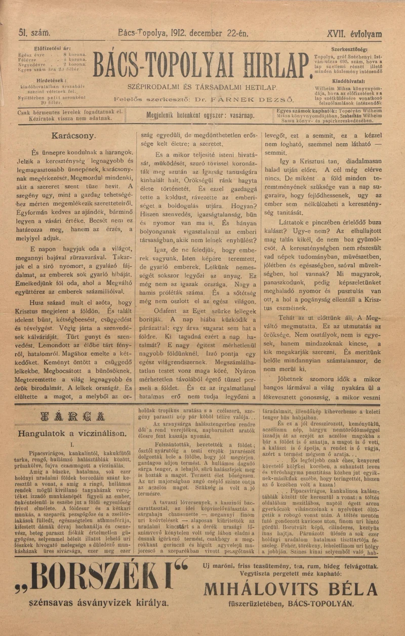 Bács-Topolyai Hirlap, 17. évf. 1912. december 22. 51. sz.