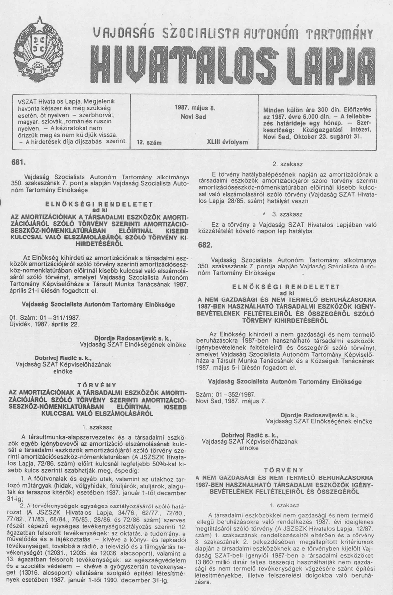 Vajdaság Szocialista Autonóm Tartomány Hivatalos Lapja, 43. évf. 1987. május 8. 12. sz.