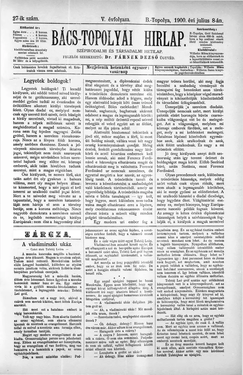 Bács-Topolyai Hirlap, 5. évf. 1900. július 8. 27. sz.