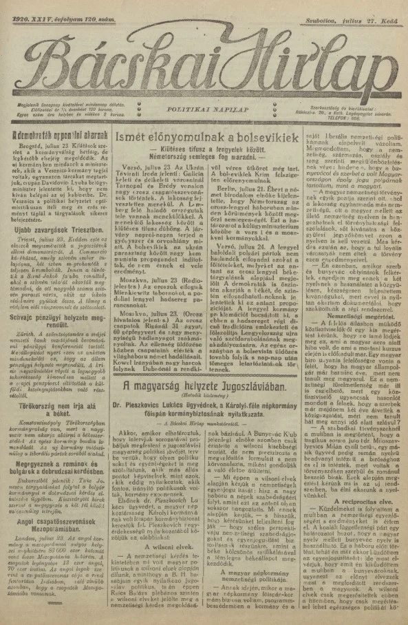 Bácskai Hirlap, 24. évf. 1920. július 27. 120. sz.