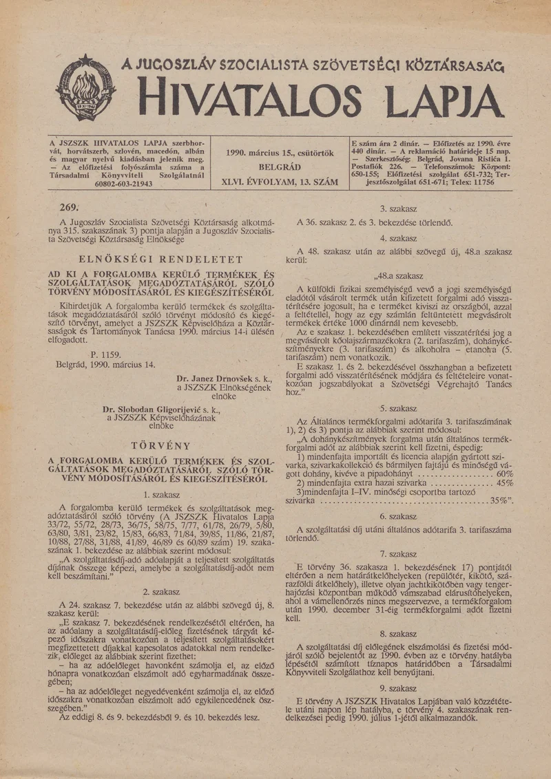 A Jugoszláv Szocialista Szövetségi Köztársaság Hivatalos Lapja, 46. évf. 1990. március 15. 13. sz. 629–632. oldal