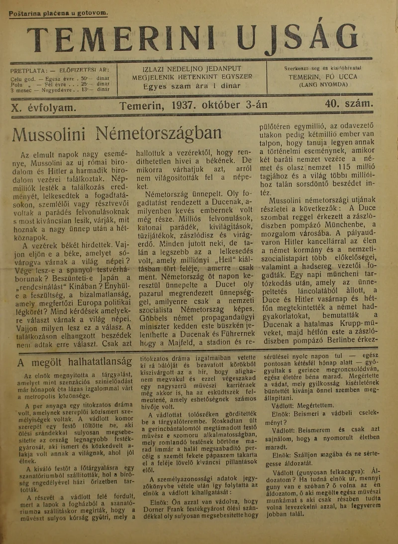 Temerini Újság 1928-1944, 10. évf. 1937. október 3. 40. sz.