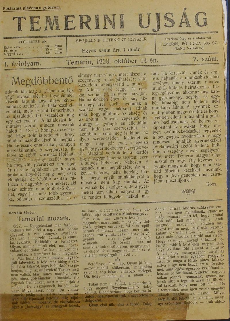 Temerini Újság 1928-1944, 1. évf. 1928. október 14. 7. sz.