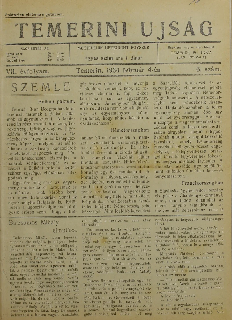 Temerini Újság 1928-1944, 7. évf. 1934. február 4. 6. sz.