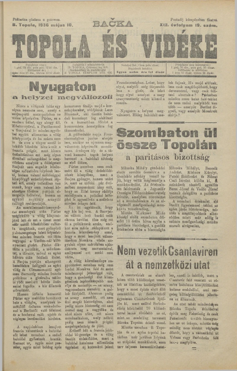 Bačka Topola és Vidéke, 13. évf. 1936. május 10. 19. sz.