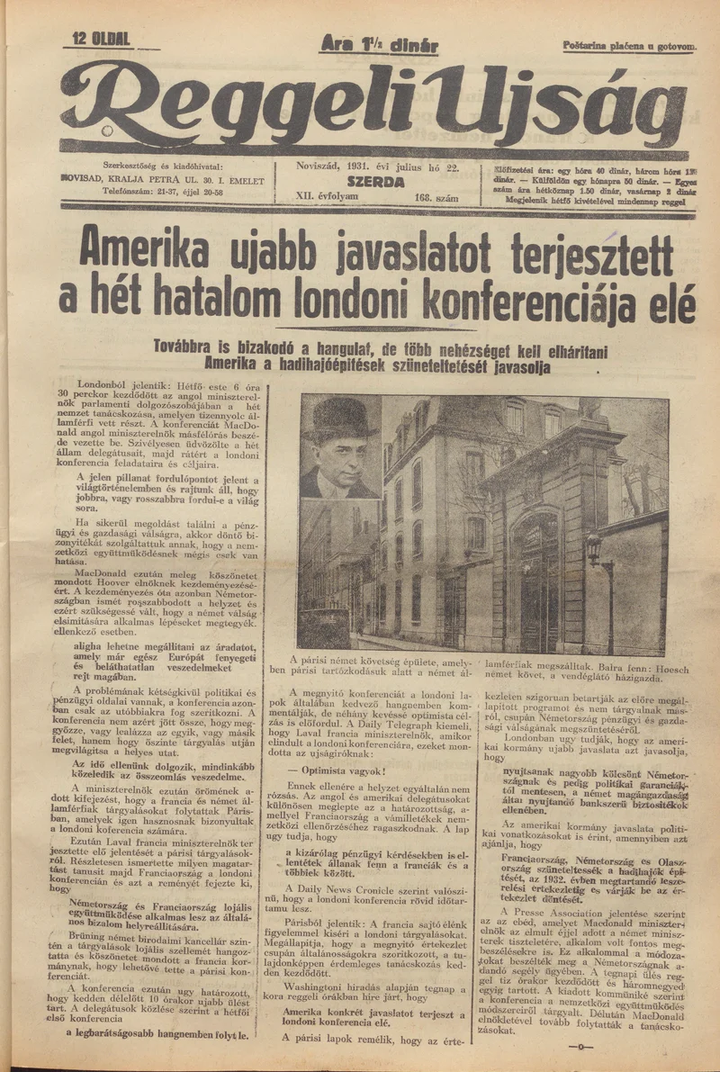 Reggeli Újság, 12. évf. 1931. július 22. 168. sz.