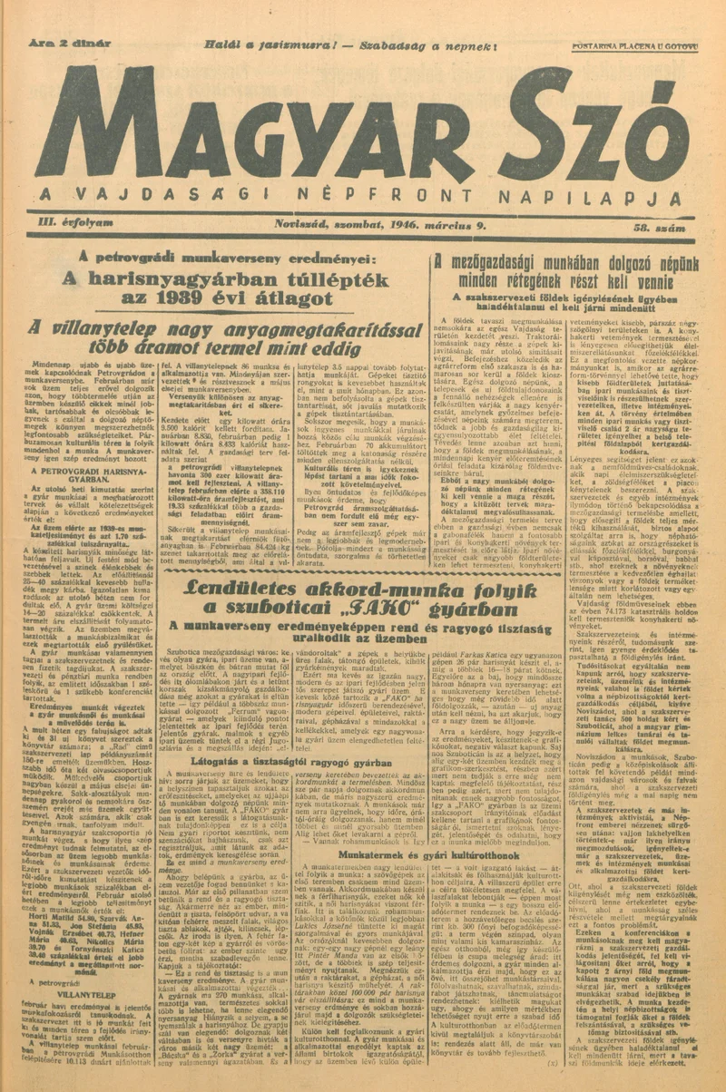Magyar Szó, 3. évf. 1946. március 9. 58. sz. 1–6. oldal