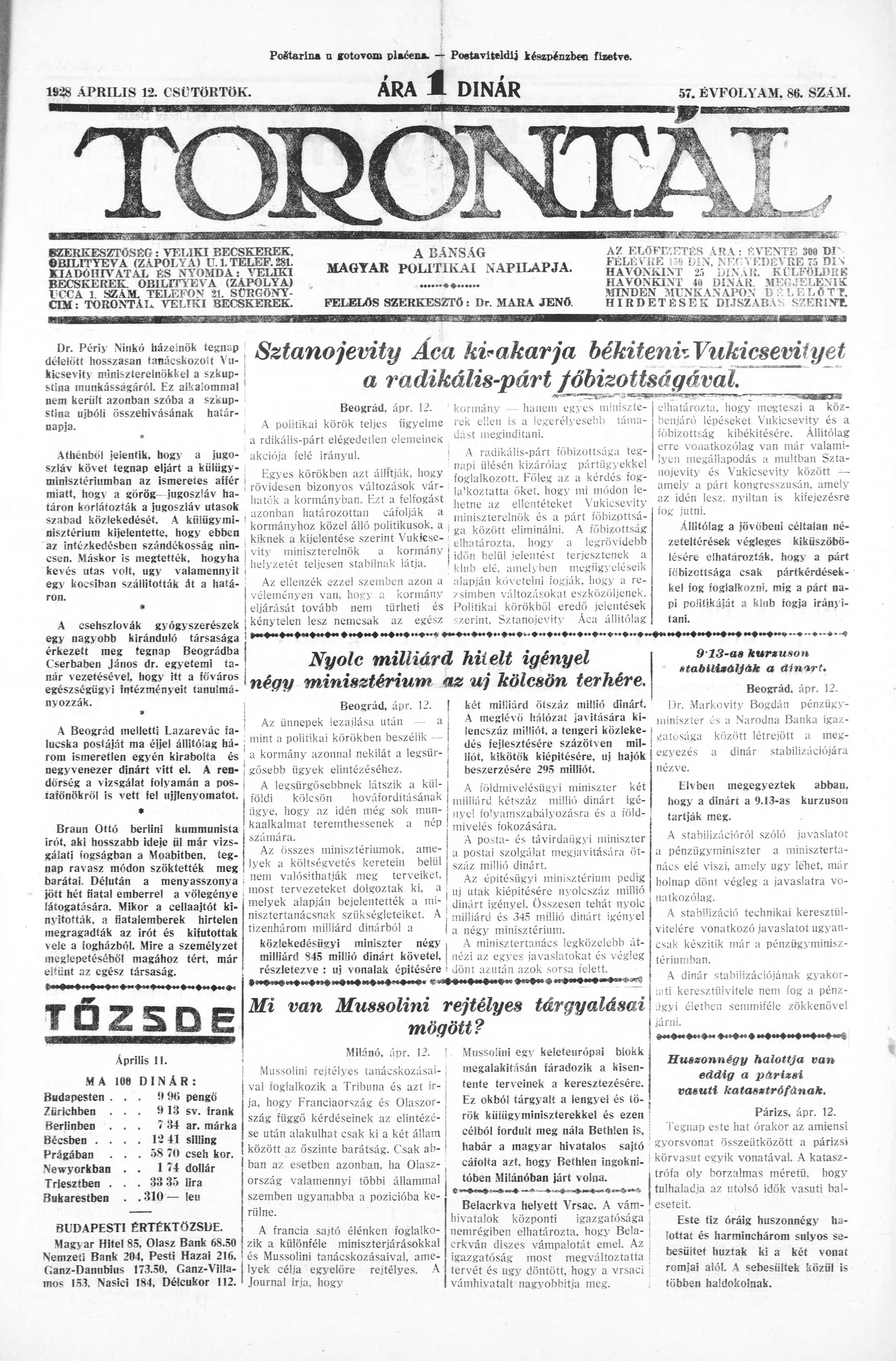 Torontál, 57. évf. 1928. április 12. 86. sz.
