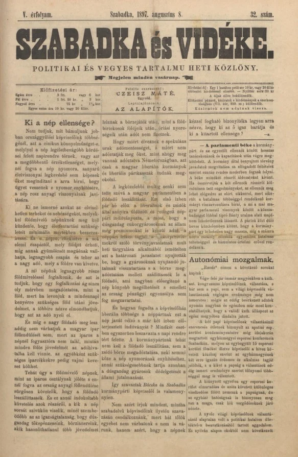 Szabadka és vidéke II, 5. évf. 1897. augusztus 8. 32. sz.
