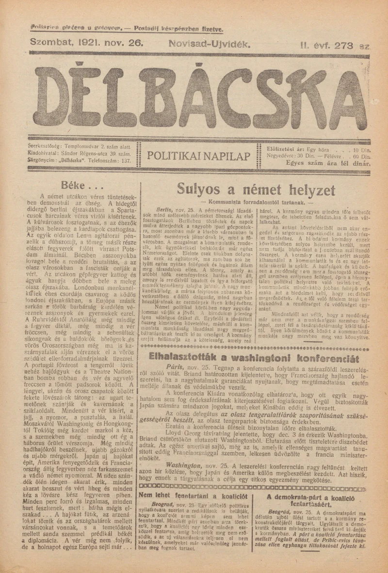 Délbácska, 2. évf. 1921. november 26. 273. sz.