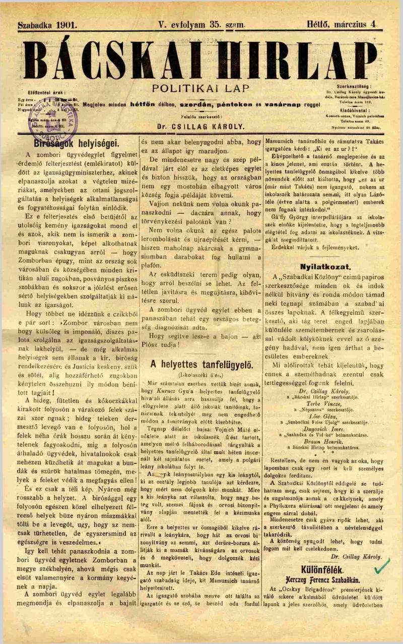 Bácskai Hirlap, 5. évf. 1901. március 4. 35. sz.