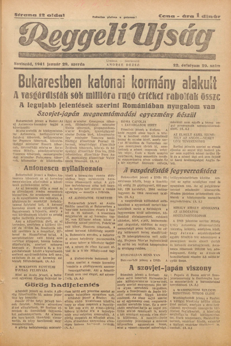 Reggeli Újság, 22. évf. 1941. január 29. 29. sz.