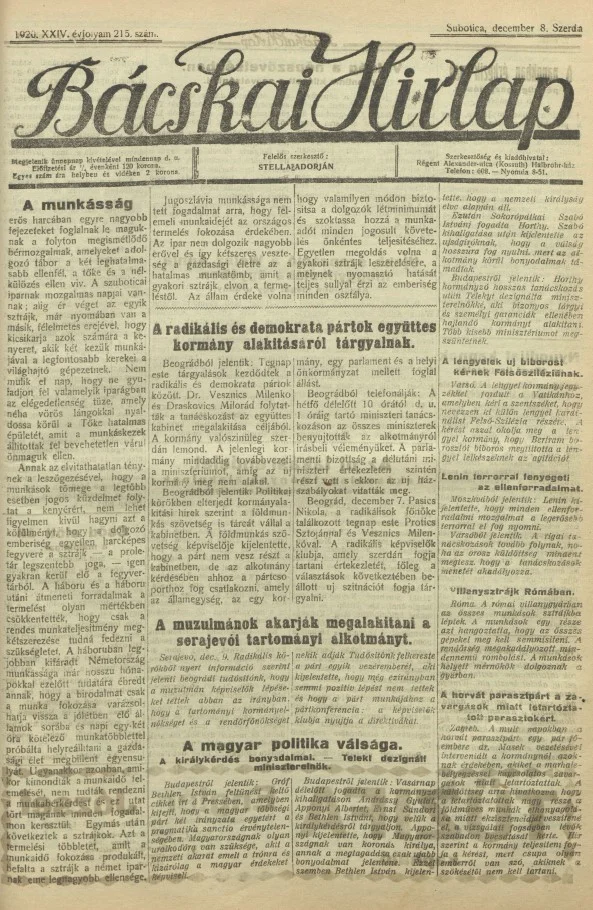 Bácskai Hirlap, 24. évf. 1920. december 8. 215. sz.