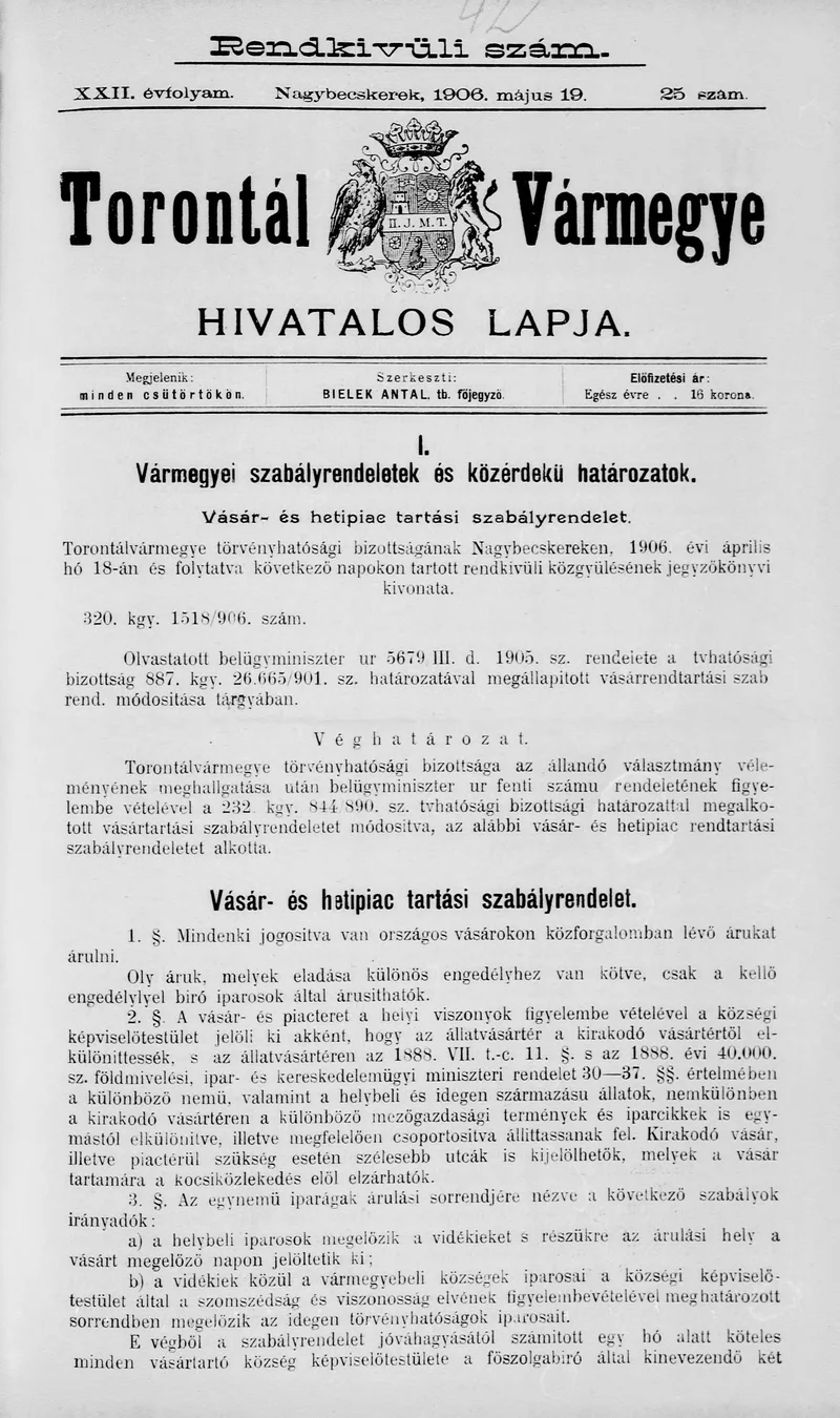 Torontál Vármegye Hivatalos Lapja, 22. évf. 1906. május 19. 25. sz.