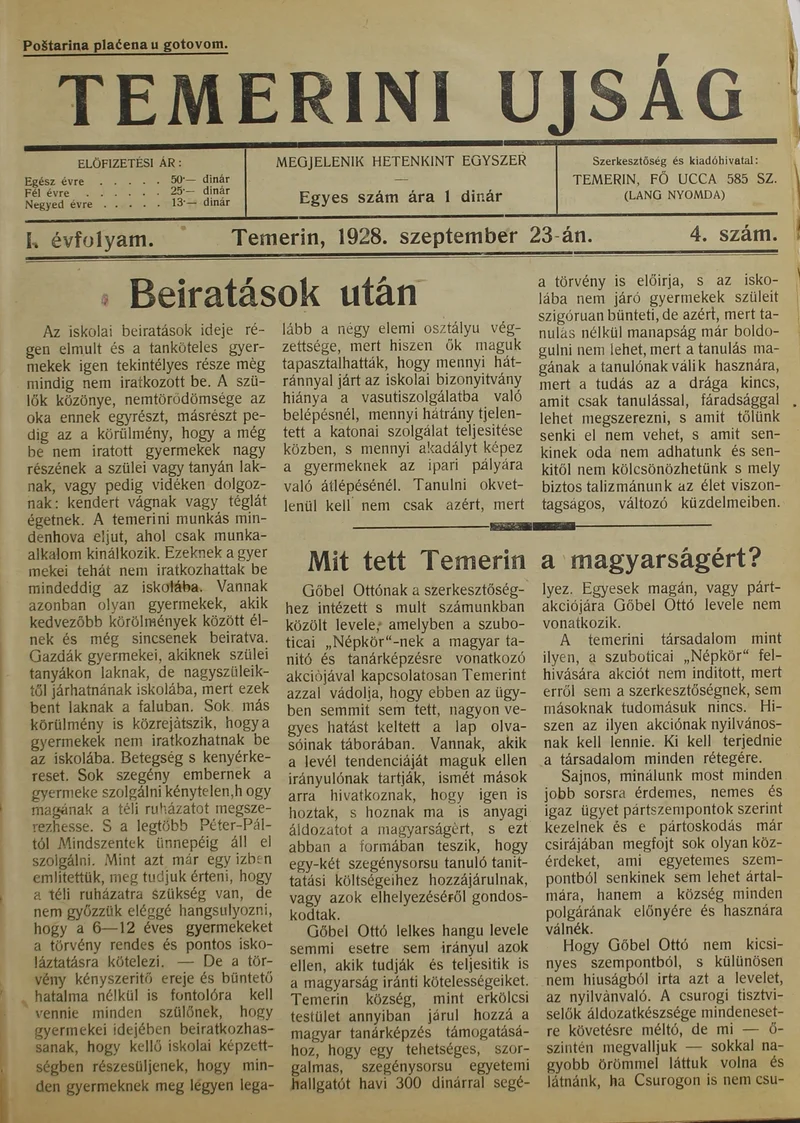 Temerini Újság 1928-1944, 1. évf. 1928. szeptember 23. 4. sz.