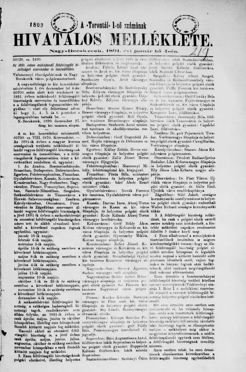 A Totontál  hivatalos melléklete, 4. évf. 1891. január 4. 1. sz.