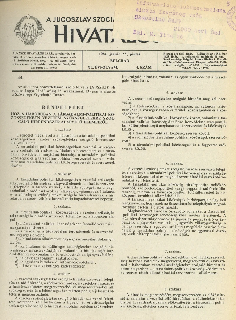 A Jugoszláv Szocialista Szövetségi Köztársaság Hivatalos Lapja, 40. évf. 1984. január 27. 4. sz. 129–136. oldal