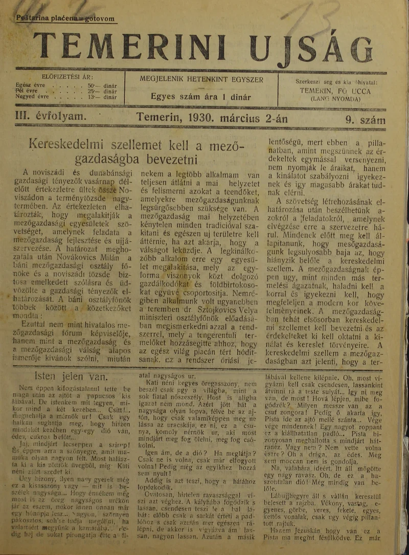 Temerini Újság 1928-1944, 3. évf. 1930. március 2. 9. sz.