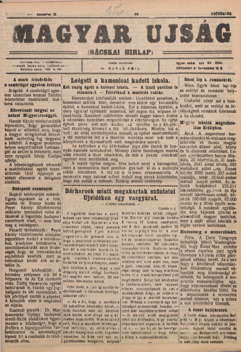 Bácskai Hirlap, 23. évf. 1919. december 18. 156. sz.