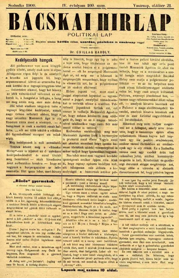 Bácskai Hirlap, 4. évf. 1900. október 21. 160. sz.
